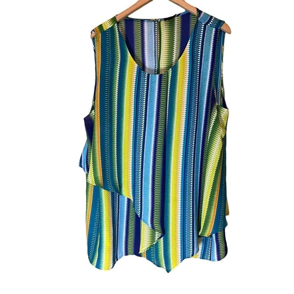 Worthington Woman 2X Sleeveless Striped Tiered Asymmetrical Blouse Blue Green‎